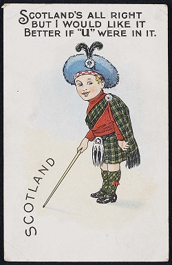 Photo of Comic postcard of a boy in Highland dress