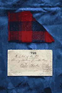 The image shows a piece of Bonnie Prince Charlie's plaid, 1746 (NRS reference: RH19/36/2)